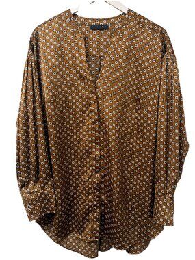 Sanctuary Blouse Plus Size 2X Brown Satin Foulard Print Tunic Top Button Front